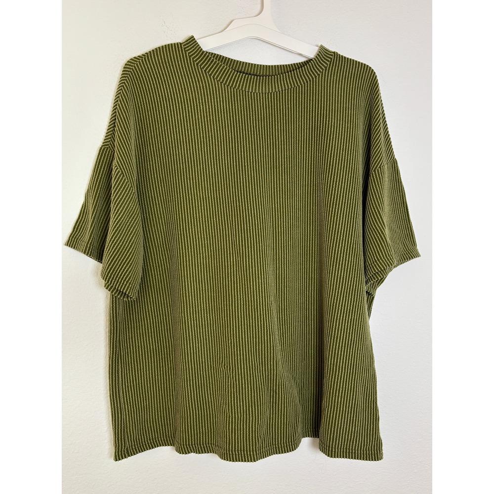 Olive Green Ribbed Knit 2 Piece Lounge Set Oversized Top and Shorts L